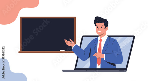 Smiling male teacher appearing from a laptop screen and pointing to a blackboard during an online education class.