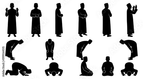 Islamic prayer poses, Muslim man performing Salah, black and white icons