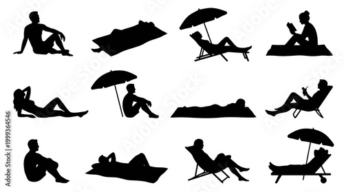 Black Silhouette of People Relaxing on Beach, Summer Vacation Lifestyle