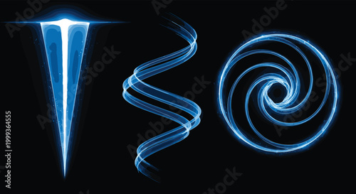 Blue glowing energy swirl vortex and light trail effects set abstract neon spiral wave motion sci fi vector illustration