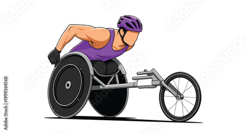 Paralympic athlete in a purple tank top competing in a racing wheelchair event isolated on a plain white background.