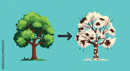 Illustration showing a healthy green tree transforming into a dying tree covered in black pollution to represent environmental damage.