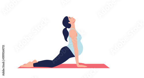 Pregnant woman practicing a gentle cobra yoga pose on a pink mat for health and wellness during pregnancy isolated on white.