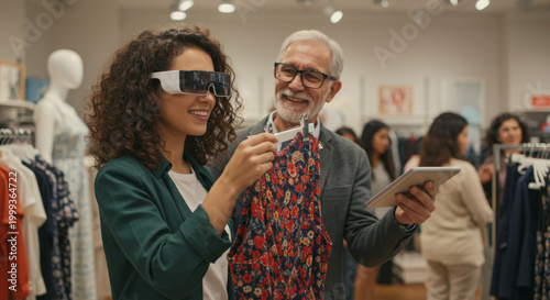 Woman wearing smart glasses shopping for clothes with male assistant using digital tablet. Augmented reality shopping experience for retail, fashion, and future technology.