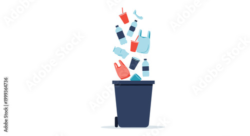 Environmental illustration of various plastic bottles and containers falling into a blue recycling bin for waste management.