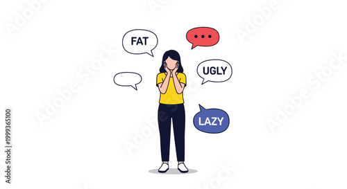 Emotional illustration of a woman being surrounded by negative speech bubbles representing bullying and body shaming.