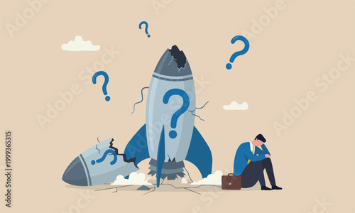 Fail business company sitting on crash launching space rocket metaphor of new business failure