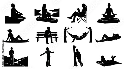 Relaxing People Silhouette Vector Art - Outdoor Lifestyle, Mindfulness  Leisure Collection