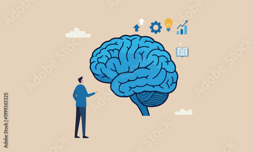 Genius or expert to develop or learning new skills, brainstorming, knowledge or wisdom, competence or intelligence to improve capability concept, human brain with success business management elements