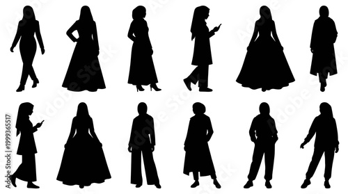 Diverse Muslim Women Silhouettes Vector Set: Lifestyle  Culture Figures