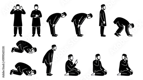 Muslim Man Praying Salat Steps Icon Set - Islamic Worship Silhouette Glyph Vector Art