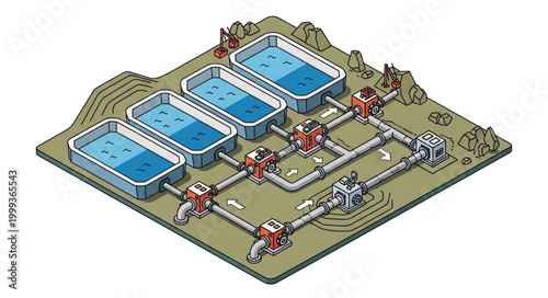 Industrial water treatment plant with multiple tanks and pipes.