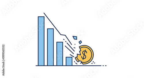 Bar chart showing a sharp downward trend with a broken gold dollar coin at the bottom, illustrating economic recession or money loss.