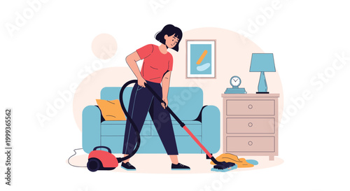 Woman cleaning her modern living room with a red vacuum cleaner, shown in a tidy domestic environment with a sofa and side table.