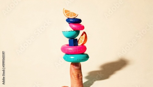 Minimalist creamy background featuring a precarious stack of summer objects balanced on one finger for seasonal greetings, vacation branding and creative advertising