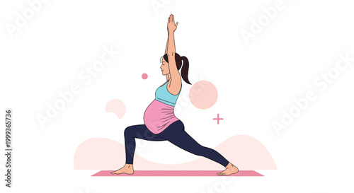 Pregnant woman practicing a yoga lunging pose on a pink mat, focusing on physical fitness and wellness during her pregnancy journey.