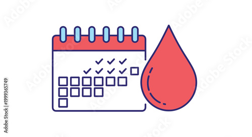 Calendar icon with several dates marked off next to a large blood drop, representing the tracking of a menstrual cycle for female health.