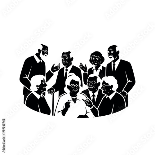 Diverse group of seniors engaged in conversation.