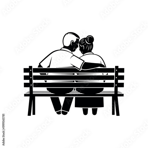 Elderly couple sitting on a park bench.