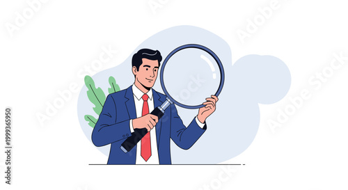 Businessman in a blue suit holding a large magnifying glass to his eye, searching for details or conducting a deep investigation.