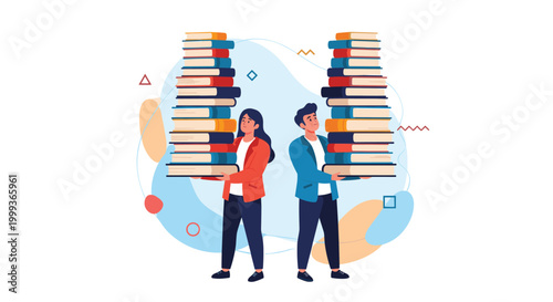 Students carrying extremely tall and heavy stacks of colorful books, representing the intense workload of academic education.
