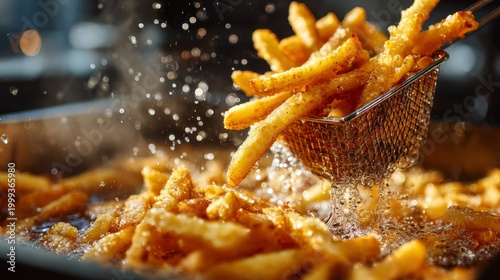 Crisp and Golden French Fries Being Lifted from Hot Oil with Steam and Bubbles in a Commercial Kitchen Setting