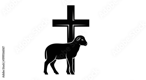 Christian Symbol: Black Lamb Standing Next to Cross Silhouette