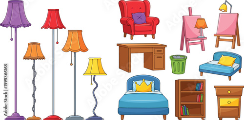 Cartoon home furniture and decor set lamps chairs desk bed interior objects collection cozy room elements vector illustration isolated bundle