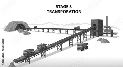 Industrial mining transportation system with conveyor belts and trucks.