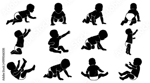 Baby Silhouettes: Crawling, Standing, Playing - Black  White Vector Art