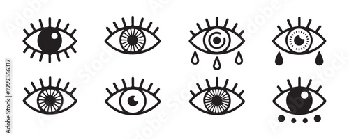 Set of eight eye icons with different pupils eyelashes tears and dots on transparent gray background.