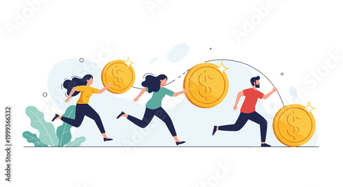 Group of people chasing after large rolling gold dollar coins illustrating the concept of financial competition and pursuit of wealth.