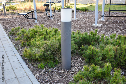 Photos Modern outdoor bollard light in a park landscape with pine bushes