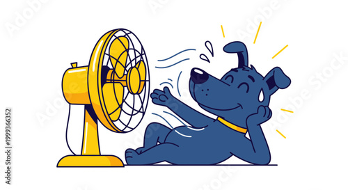 Dog Overheating, Cooling Down With Fan, Summer Heatwave, Cartoon Illustration