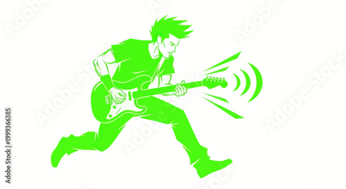 Energetic Rock Musician Playing Guitar with Sound Waves