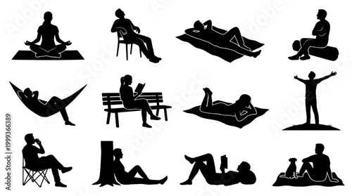 Lifestyle  Wellness Relaxing People Silhouettes Vector Icon Set