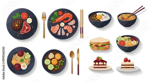 Overhead shot of assorted dishes like steak, seafood, soups, and desserts arranged on a white surface with golden utensils, displaying a variety of cuisines in a colorful and appetizing