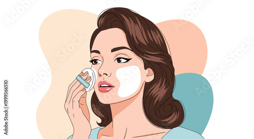 Beautiful young woman applying white cosmetic cream or powder to her cheek with a soft puff against an abstract colorful background.