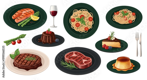 Overhead vector illustration displays an assortment of gourmet dishes including grilled salmon, pasta, steak, and desserts arranged on dark plates with a clean white background, generating
