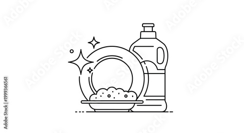 Minimalist line art icon featuring a plate of food next to a bottle of liquid dish soap with sparkles representing cleanliness.