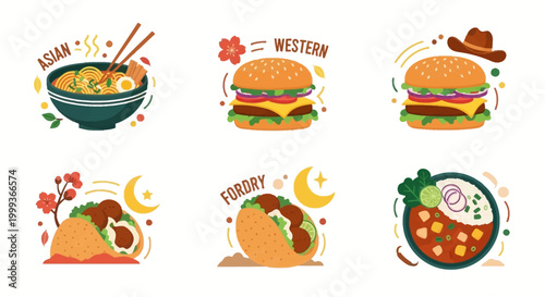 Flat vector set of global cuisine stickers showcasing Asian ramen, Western burgers, and Mexican tacos, designed with vibrant colors and playful cartoon elements against a clean white