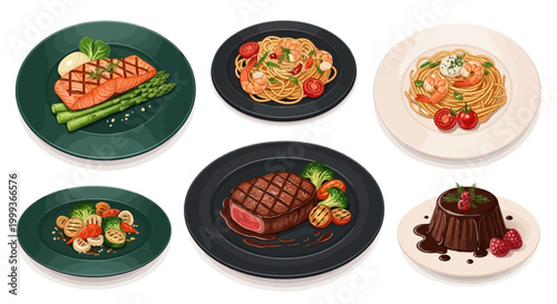 Overhead shot featuring an assortment of gourmet dishes, including grilled salmon with asparagus, pasta, steak, and chocolate dessert, presented on various plates against a clean white