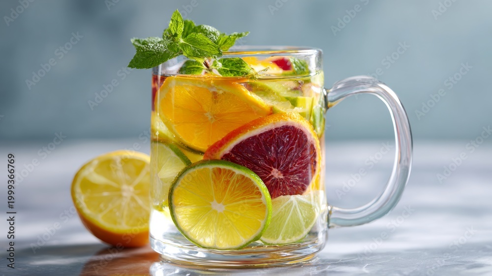 Fototapeta premium Refreshing Citrus Infused Water with Mint Garnish in Clear Glass Mug on Light Background