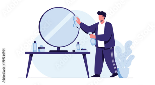 Man in a purple tracksuit cleaning a large round mirror on a table using a spray bottle and a wiping cloth in a tidy room.