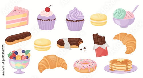 Flat lay illustration of assorted desserts including cake, cupcakes, macarons, eclairs, croissants, donuts, pancakes and ice cream, presented against a clean white background with bright