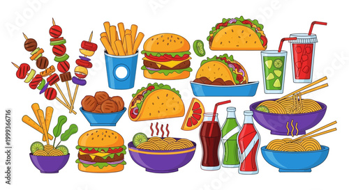 Overhead illustration showcases a variety of fast food dishes including tacos, burgers, noodles, and kebabs arranged against a clean white background in a flat lay style, with vibrant