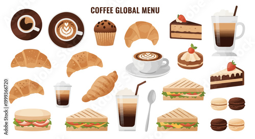Overhead vector illustration showcases a coffee global menu featuring croissants, sandwiches, and pastries arranged against a seamless background with warm, inviting colors for cafes