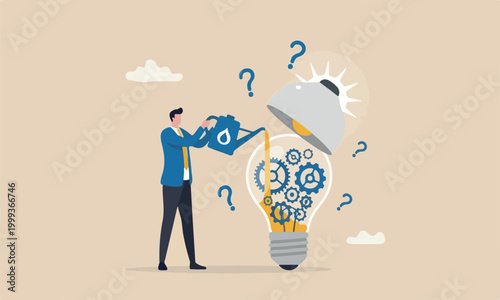 Maintenance creativity and innovation to invent new business ideas concept, businessman drop lubricant or grease into open lightbulb lamp with mechanical gears