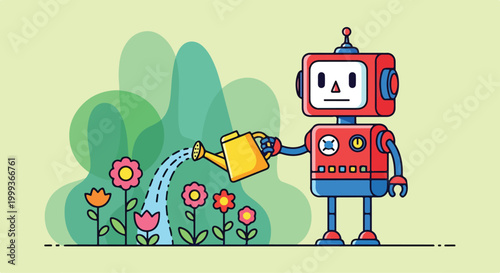 A robot waters colorful flowers