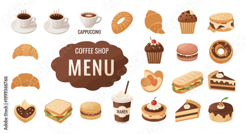Illustrated coffee shop menu showcases an assortment of pastries, sandwiches, and beverages in a flat lay composition against a white background, rendered with a warm, inviting color